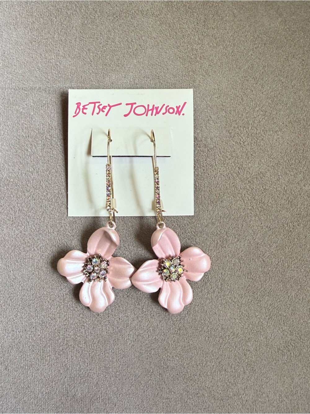 Betsey Johnson Pink Floral Drop Earrings with Rhinestones